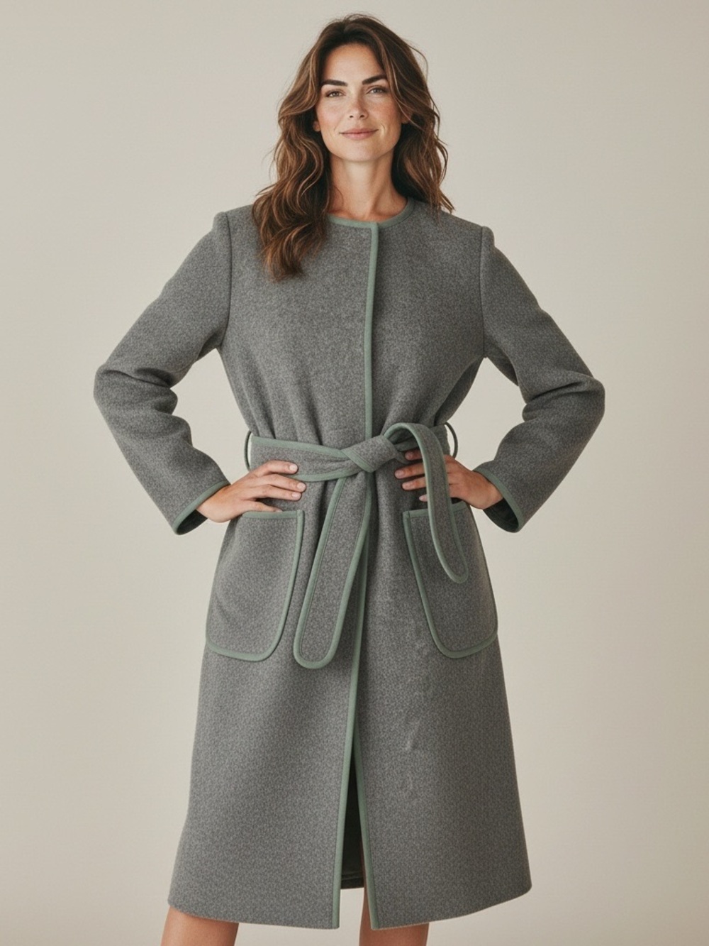 Gorgeous Vince Gray Wool Coat with Sage Trim Belted Wrap